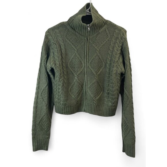 Hippie Rose Other - Olive Green Cropped Cable Knit Sweater With Diamond Pattern & Full Zipper